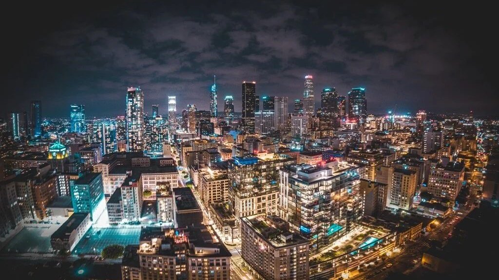 Night aerial of the downtown Los Angeles skyline