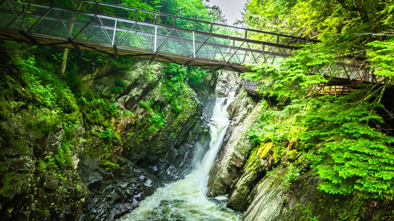 Waterfall rushing through a mossy gorge beneath a footbridge