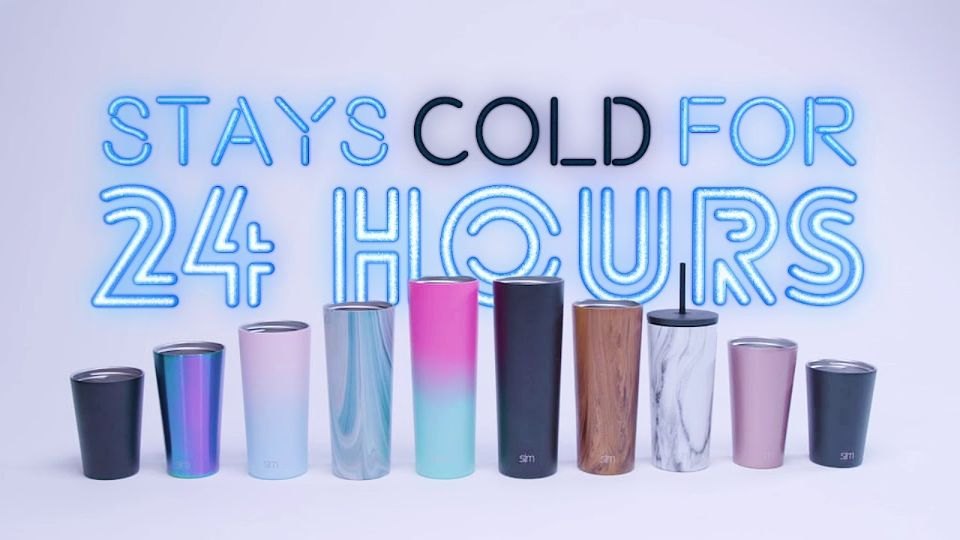 Row of Simple Modern tumblers under a neon headline